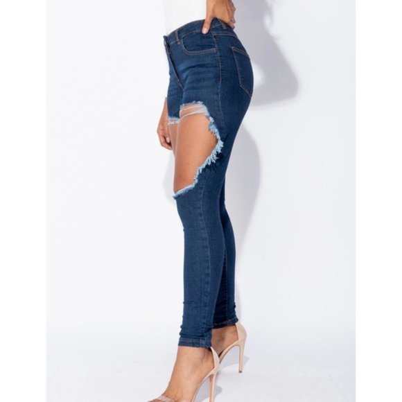 Blue High Waist Ripped Distressed Skinny Denim Jeans Pants - Picture 5 of 13